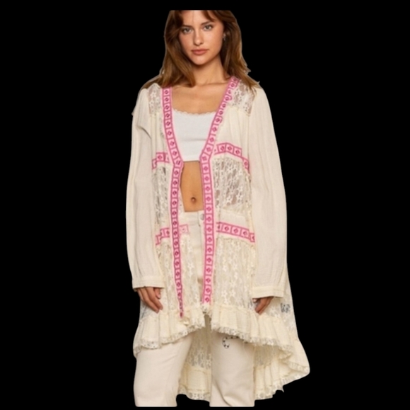POL Tops - POL Romantic Cream/Pink Lace Bohemian Coquette Girl Cardigan Ruffle Hem Sz M